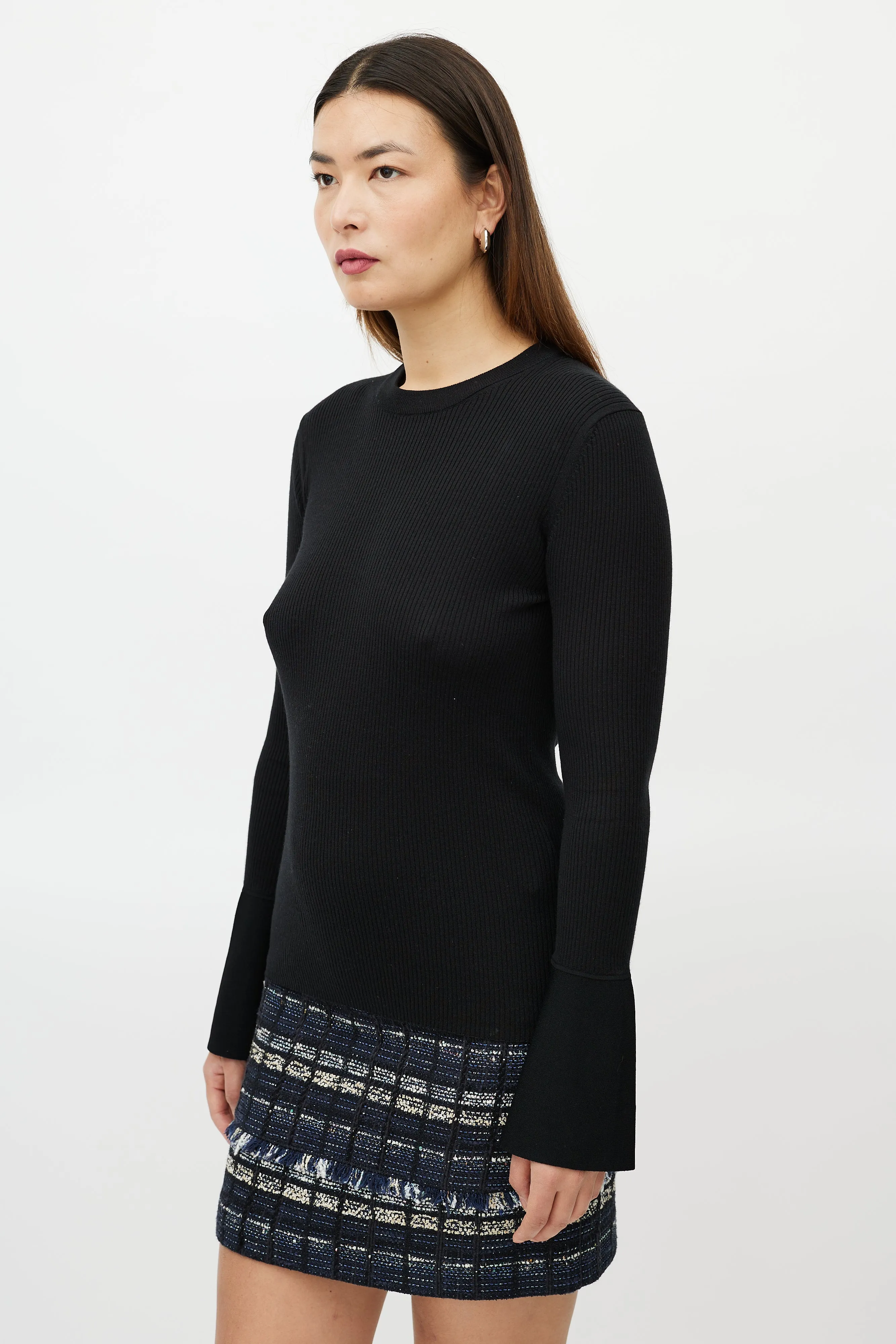 Black Silk Ribbed Bell Sleeve Sweater