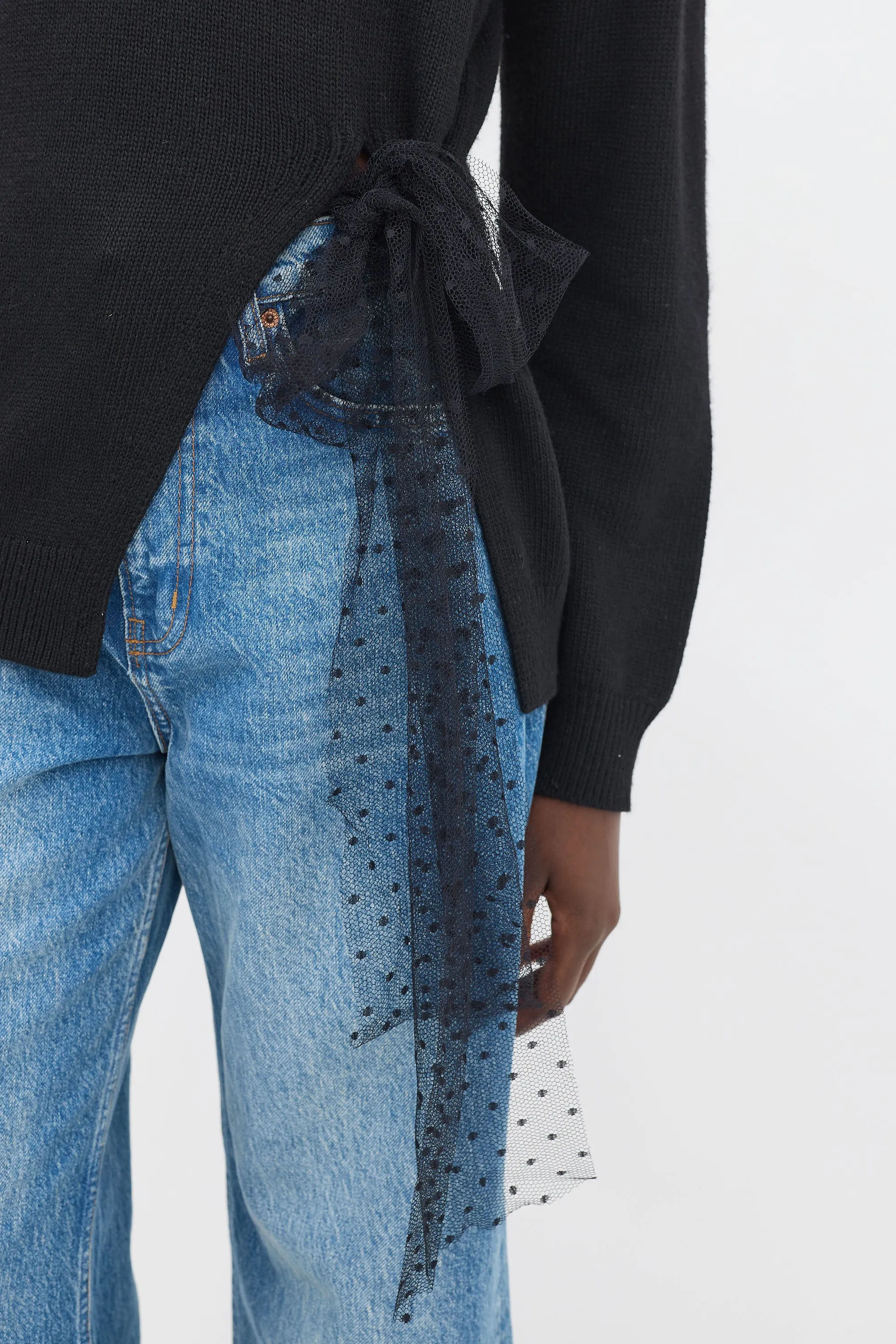 Black Wool Side Tie Sweater