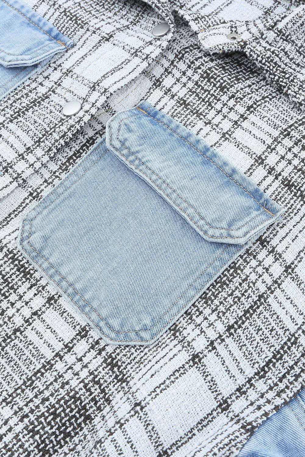 Blue Plaid Fringed Flap Pockets Denim Jacket