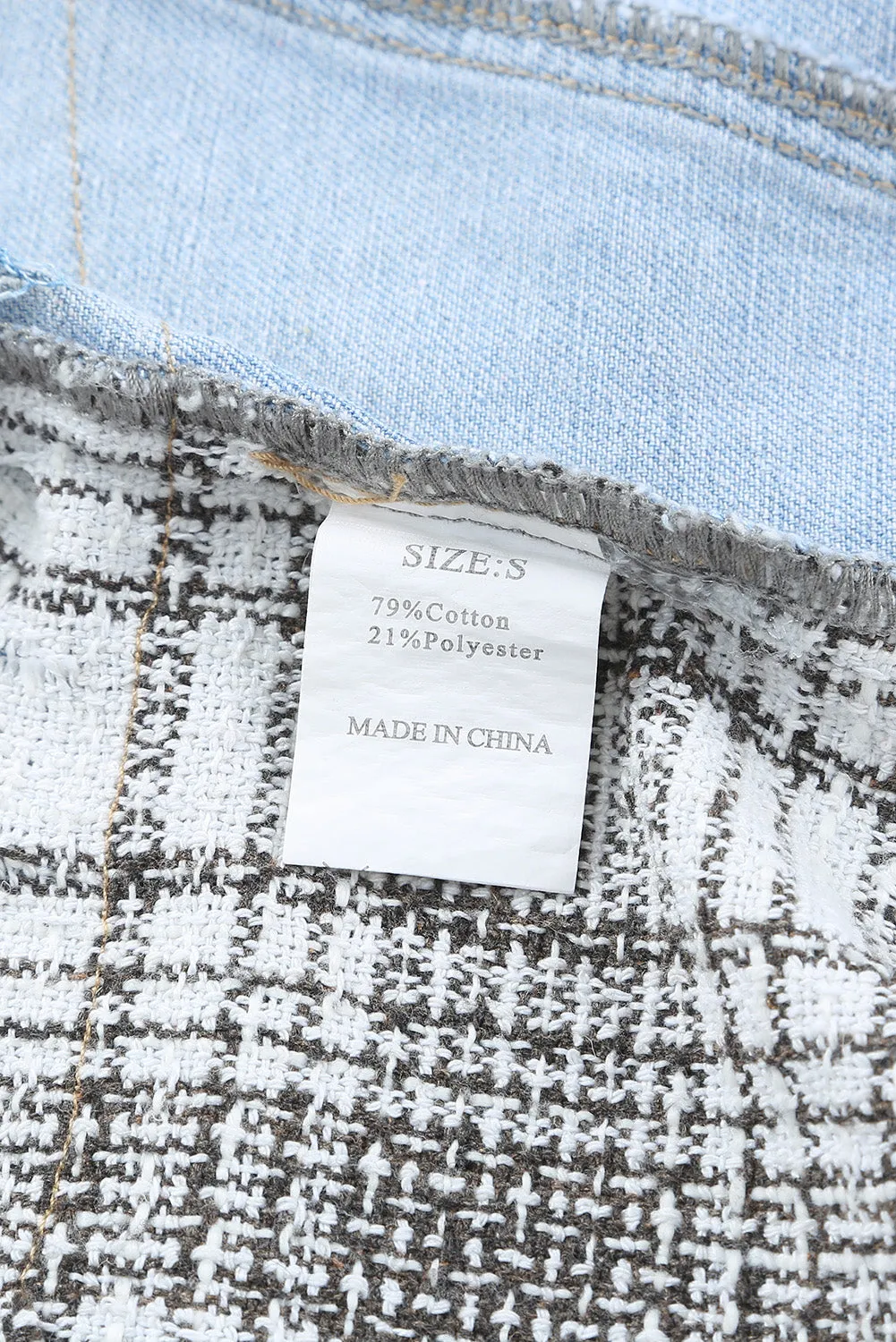 Blue Plaid Fringed Flap Pockets Denim Jacket