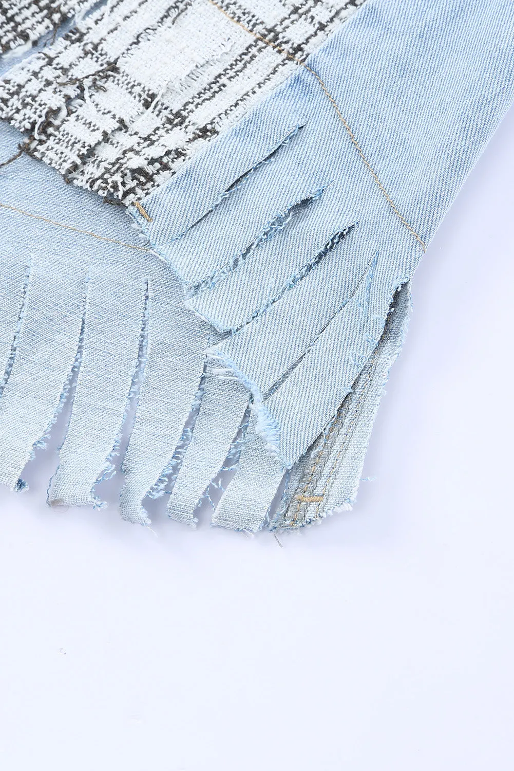Blue Plaid Fringed Flap Pockets Denim Jacket