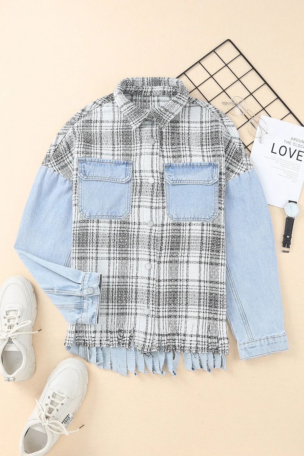 Blue Plaid Fringed Flap Pockets Denim Jacket