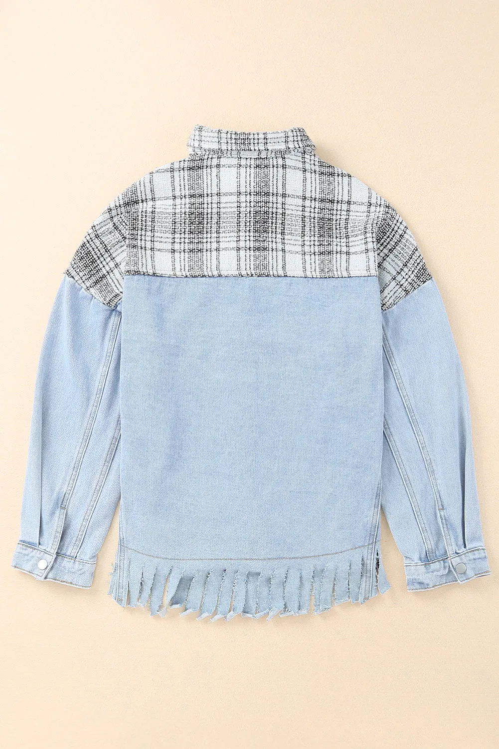 Blue Plaid Fringed Flap Pockets Denim Jacket