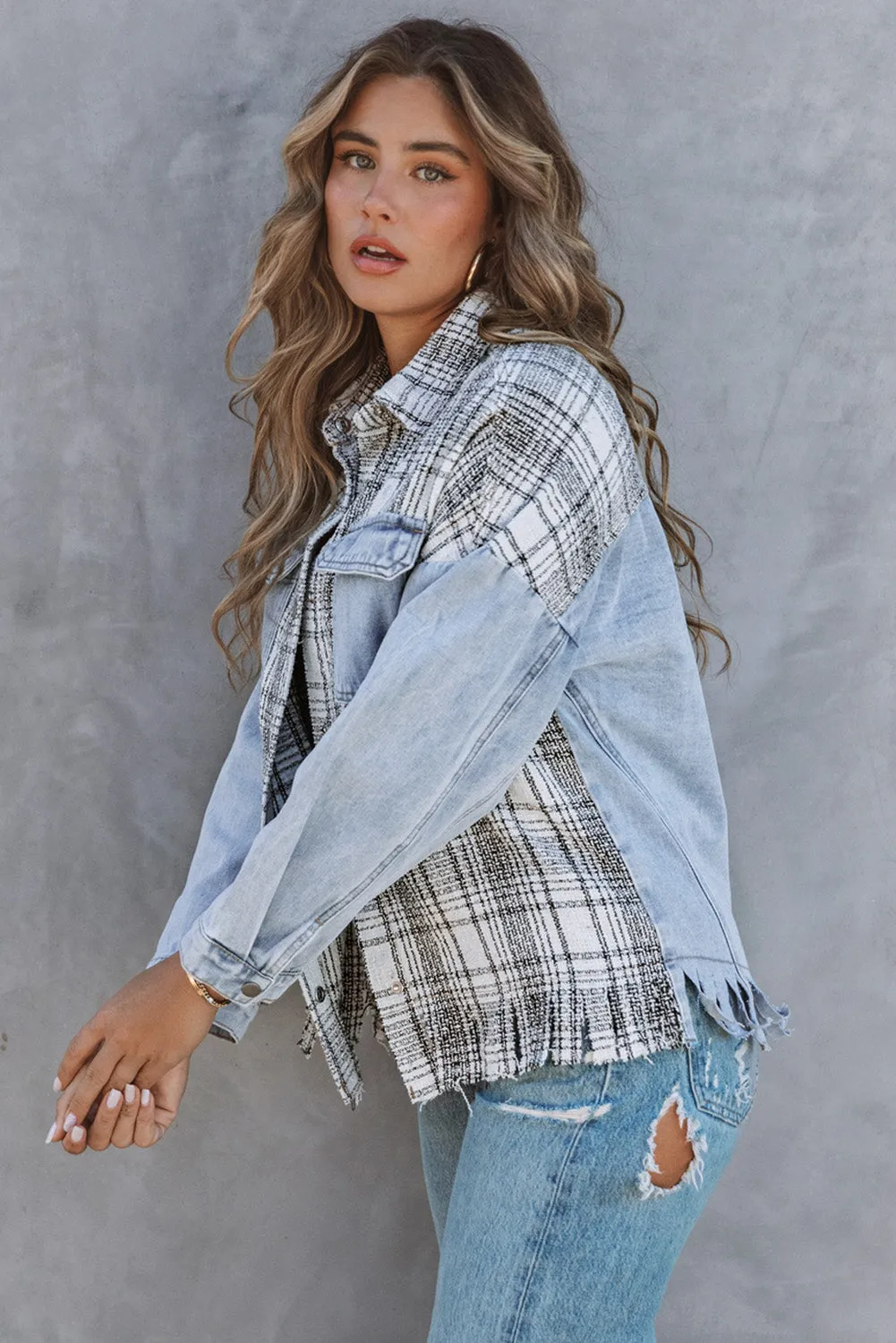 Blue Plaid Fringed Flap Pockets Denim Jacket