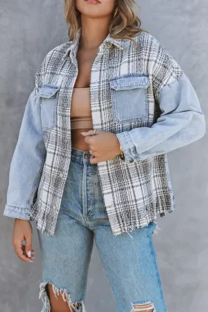 Blue Plaid Fringed Flap Pockets Denim Jacket
