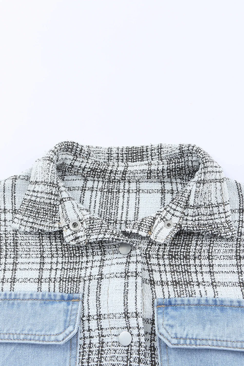 Blue Plaid Fringed Flap Pockets Denim Jacket