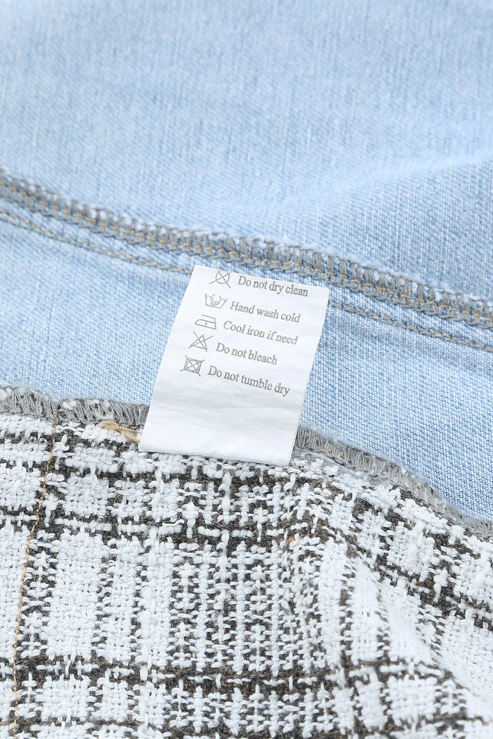 Blue Plaid Fringed Flap Pockets Denim Jacket