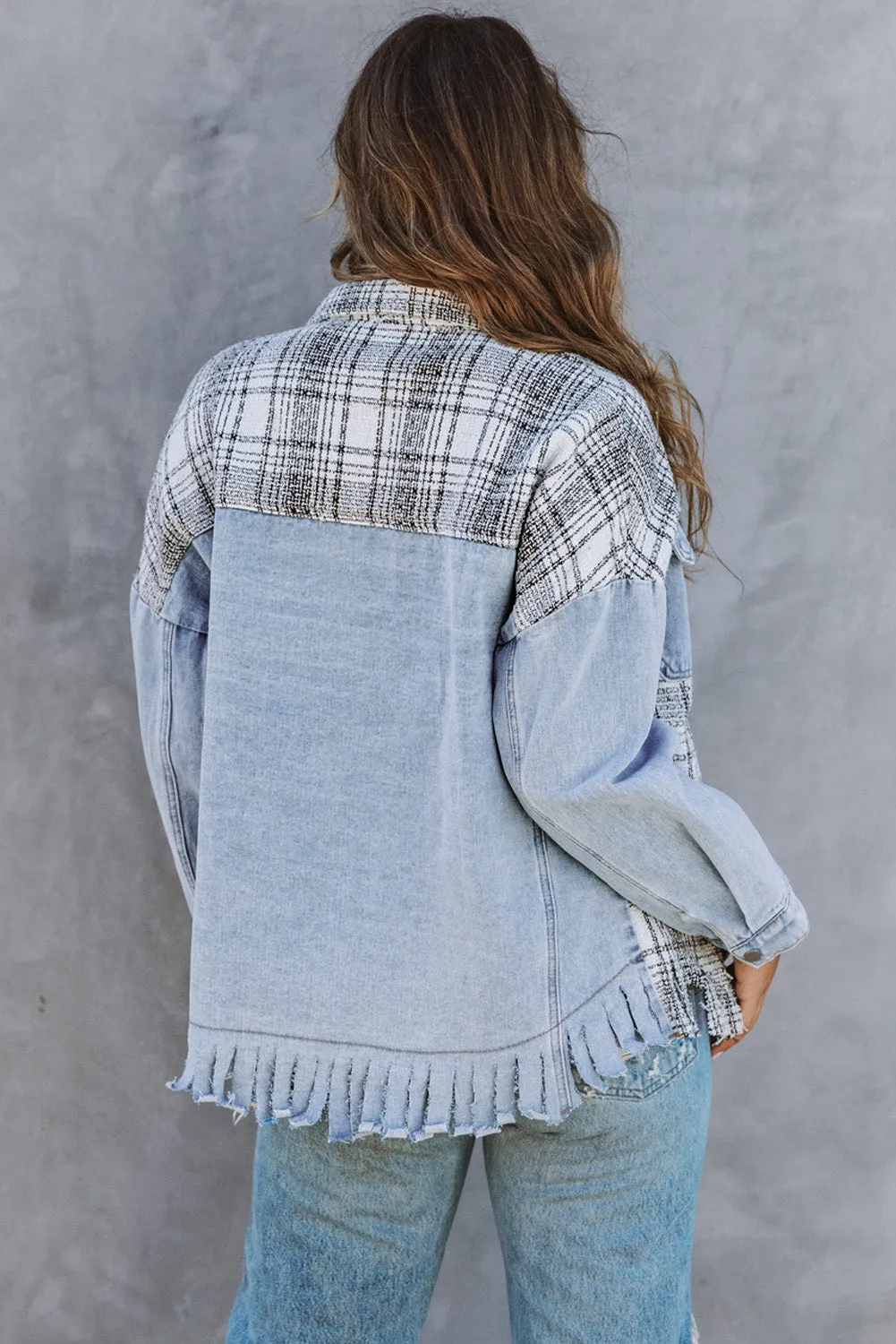 Blue Plaid Fringed Flap Pockets Denim Jacket