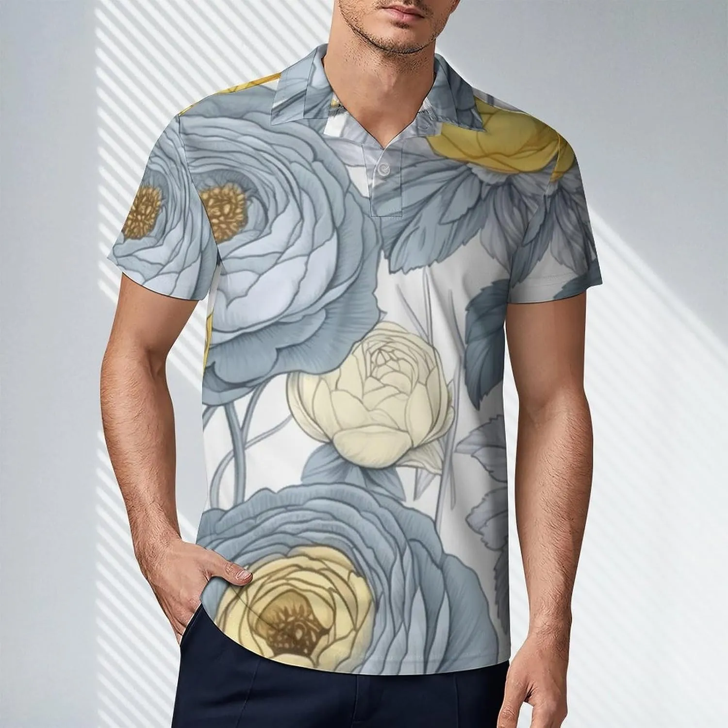 Blue Yellow Floral Rose Pattern Men's Short Sleeve Classic Fit Performance Moisture Wicking Polo (Available in Big & Tall)