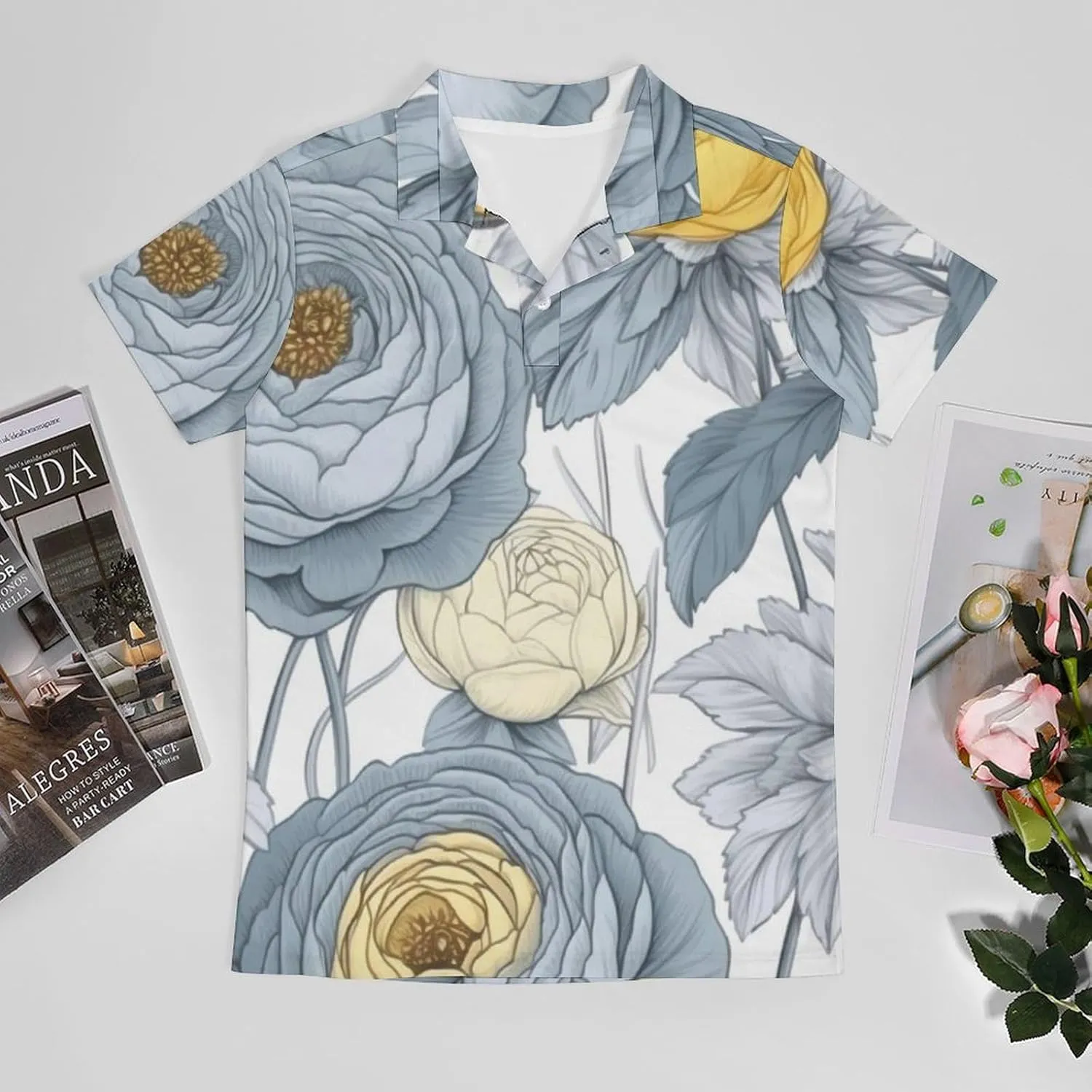 Blue Yellow Floral Rose Pattern Men's Short Sleeve Classic Fit Performance Moisture Wicking Polo (Available in Big & Tall)