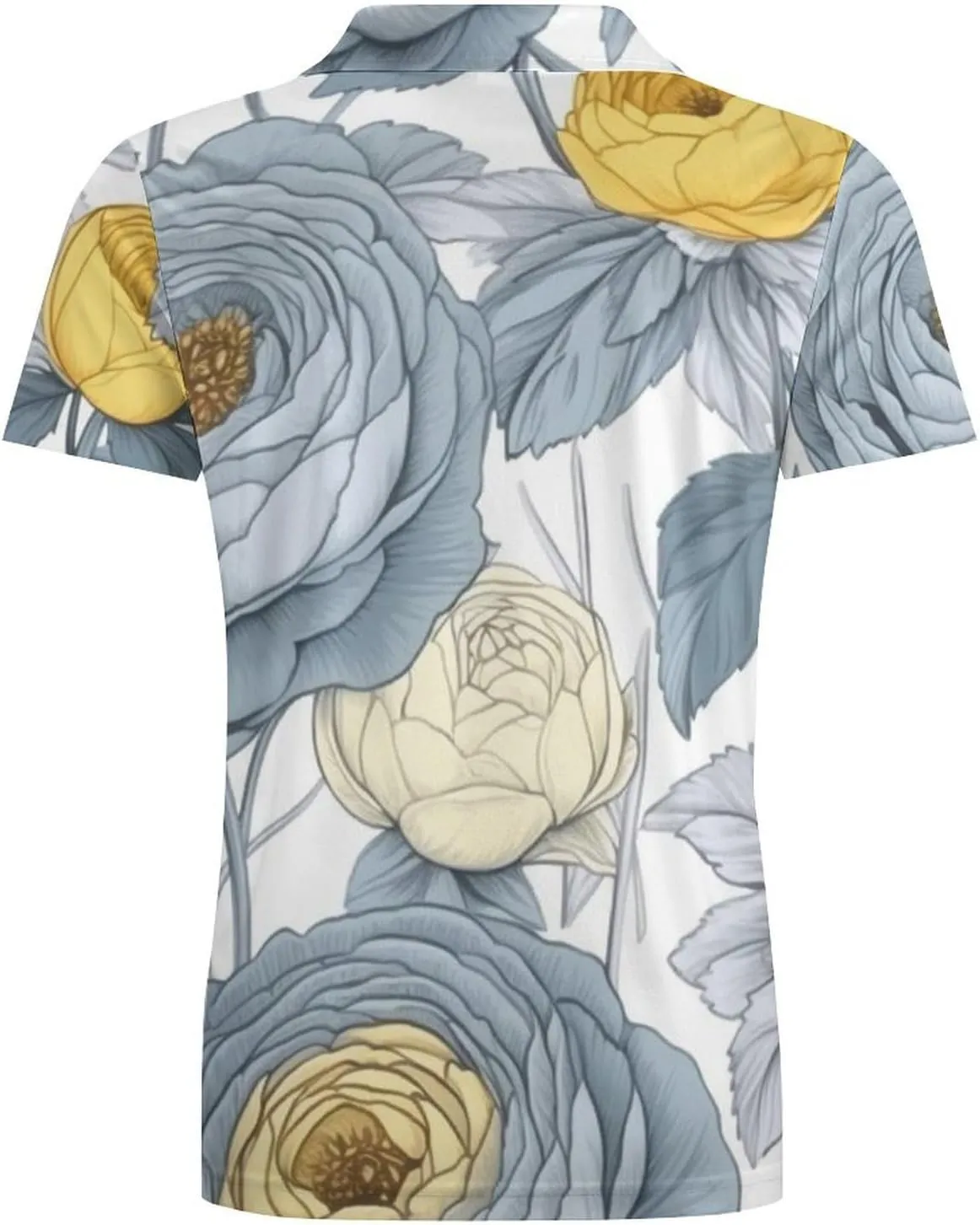 Blue Yellow Floral Rose Pattern Men's Short Sleeve Classic Fit Performance Moisture Wicking Polo (Available in Big & Tall)