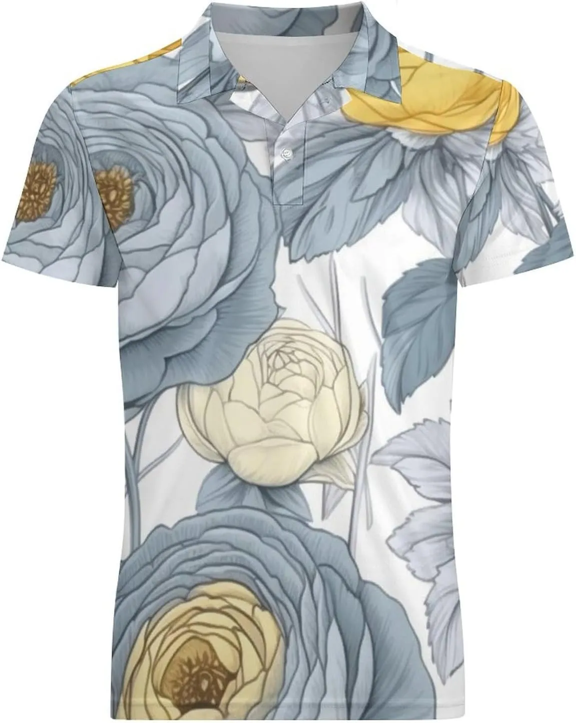 Blue Yellow Floral Rose Pattern Men's Short Sleeve Classic Fit Performance Moisture Wicking Polo (Available in Big & Tall)