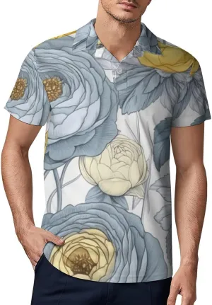 Blue Yellow Floral Rose Pattern Men's Short Sleeve Classic Fit Performance Moisture Wicking Polo (Available in Big & Tall)