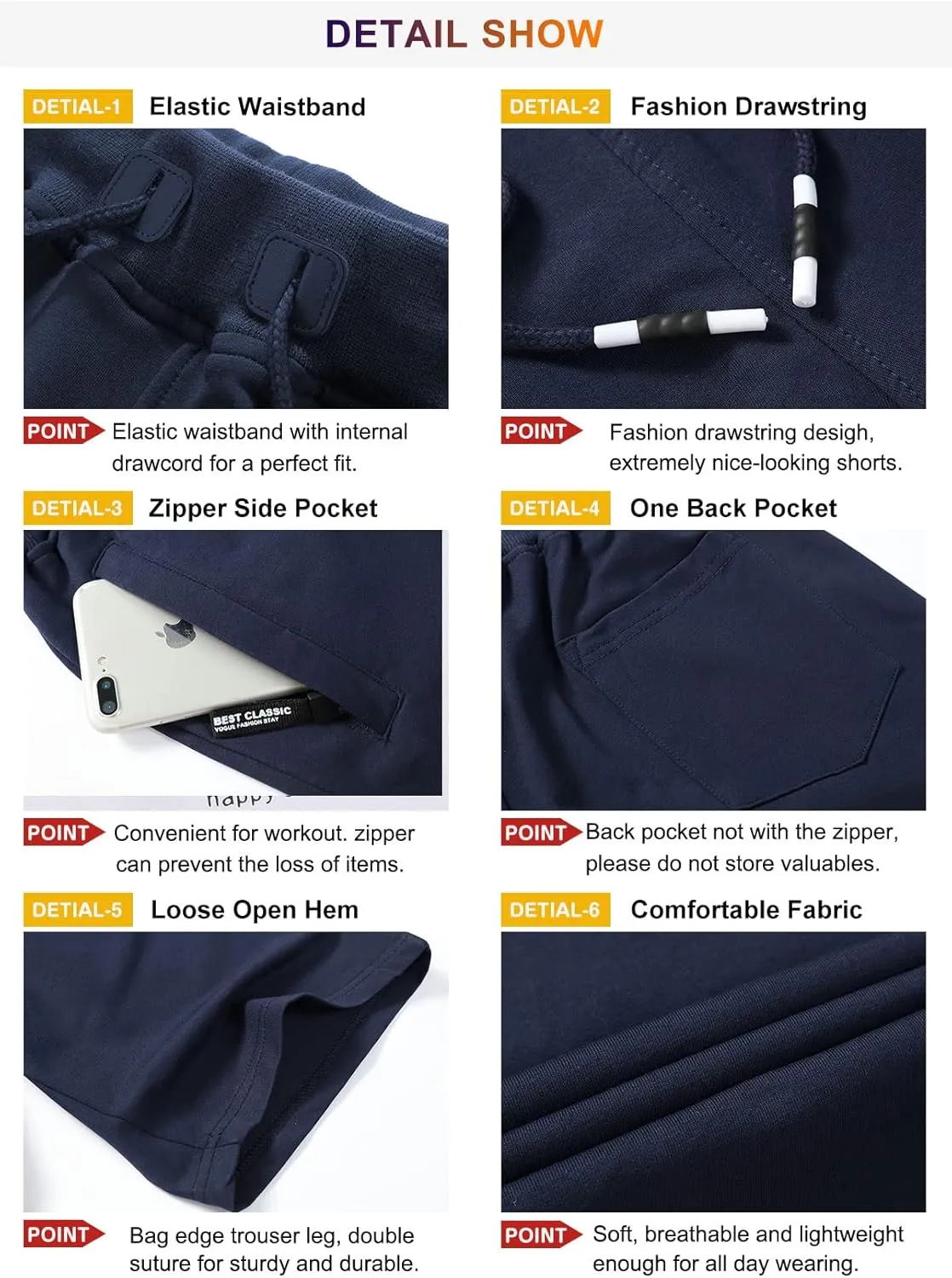 Boyzn Men's Athletic Shorts Comfortable Cotton Workout Shorts Elastic Waist Running Shorts with Zipper Pockets