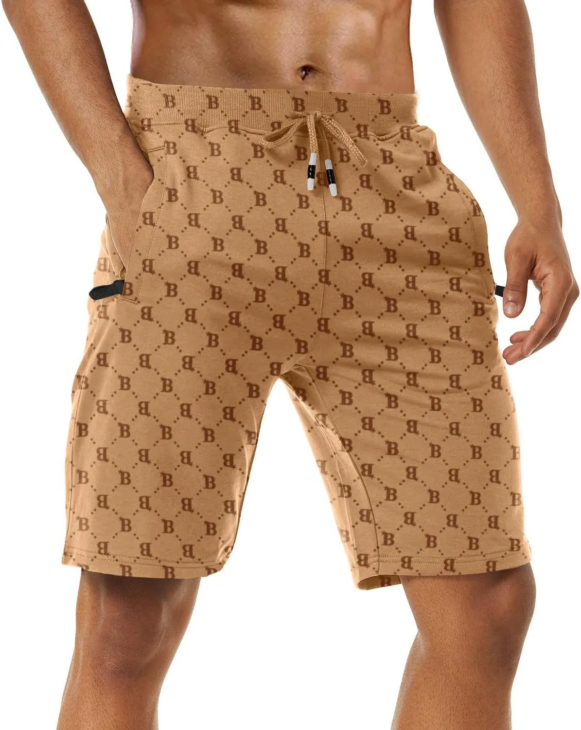 Boyzn Men's Athletic Shorts Comfortable Cotton Workout Shorts Elastic Waist Running Shorts with Zipper Pockets