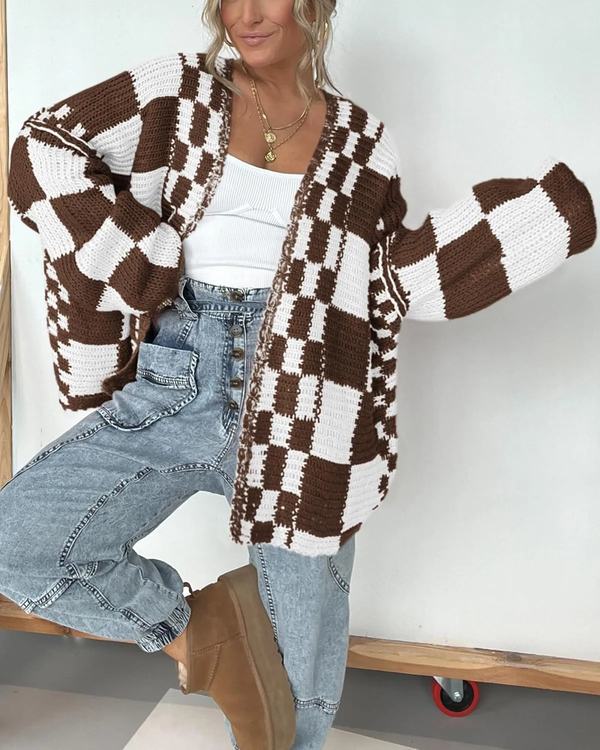 BTFBM Casual Womens Open Front Long Sleeve Chunky Knit Cardigan Sweater Checkered Knit Cardigan Sweaters Coat