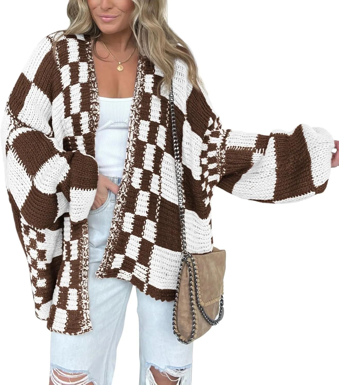 BTFBM Casual Womens Open Front Long Sleeve Chunky Knit Cardigan Sweater Checkered Knit Cardigan Sweaters Coat
