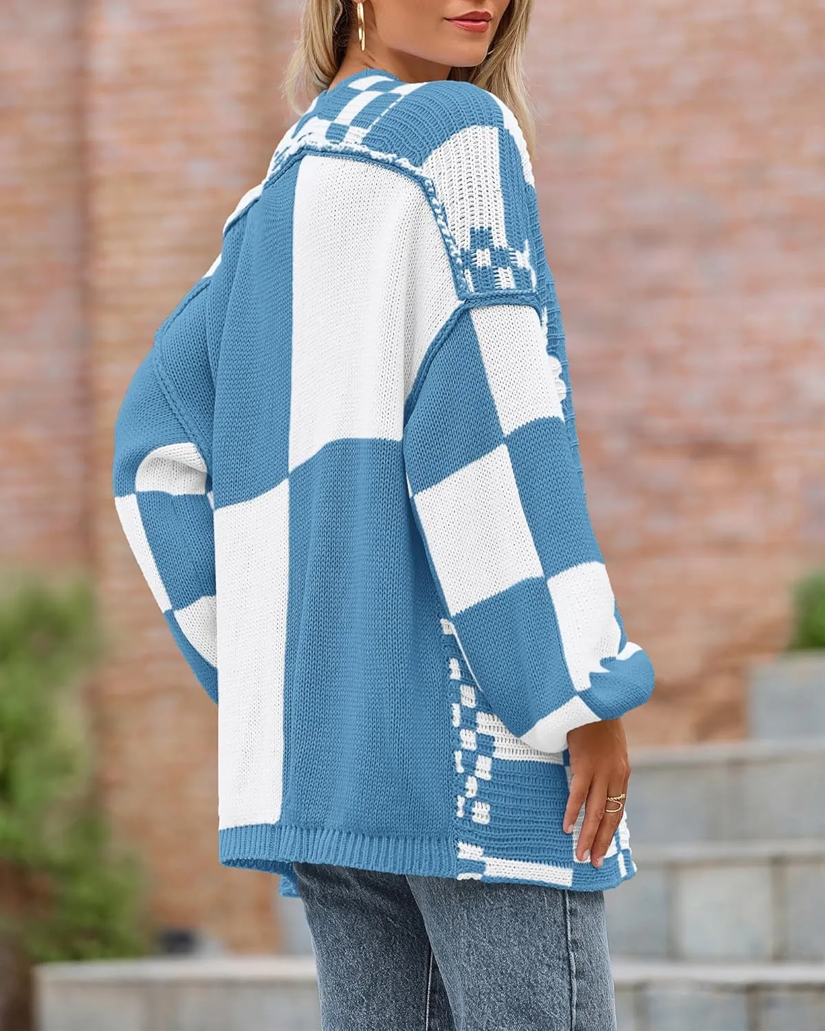 BTFBM Casual Womens Open Front Long Sleeve Chunky Knit Cardigan Sweater Checkered Knit Cardigan Sweaters Coat