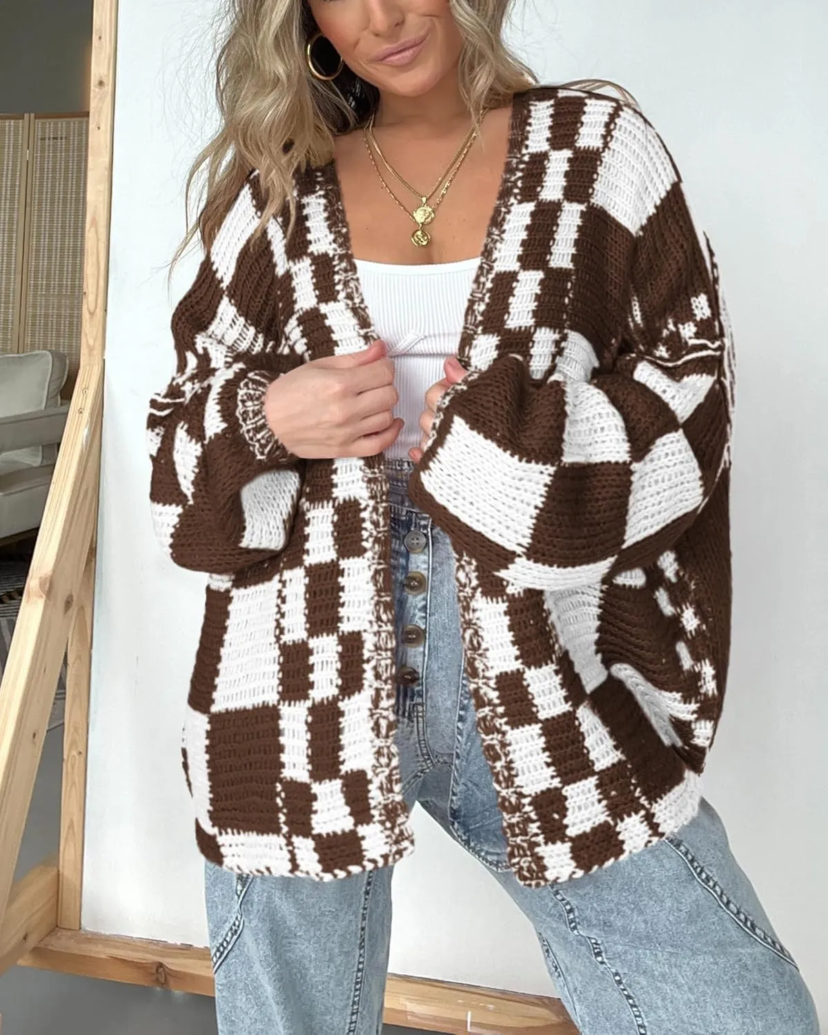 BTFBM Casual Womens Open Front Long Sleeve Chunky Knit Cardigan Sweater Checkered Knit Cardigan Sweaters Coat