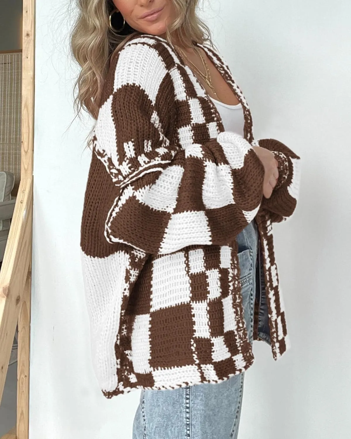 BTFBM Casual Womens Open Front Long Sleeve Chunky Knit Cardigan Sweater Checkered Knit Cardigan Sweaters Coat