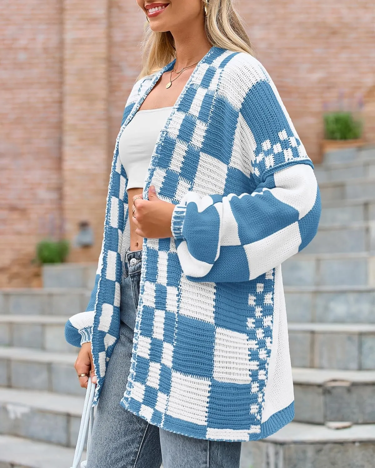 BTFBM Casual Womens Open Front Long Sleeve Chunky Knit Cardigan Sweater Checkered Knit Cardigan Sweaters Coat