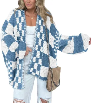 BTFBM Casual Womens Open Front Long Sleeve Chunky Knit Cardigan Sweater Checkered Knit Cardigan Sweaters Coat