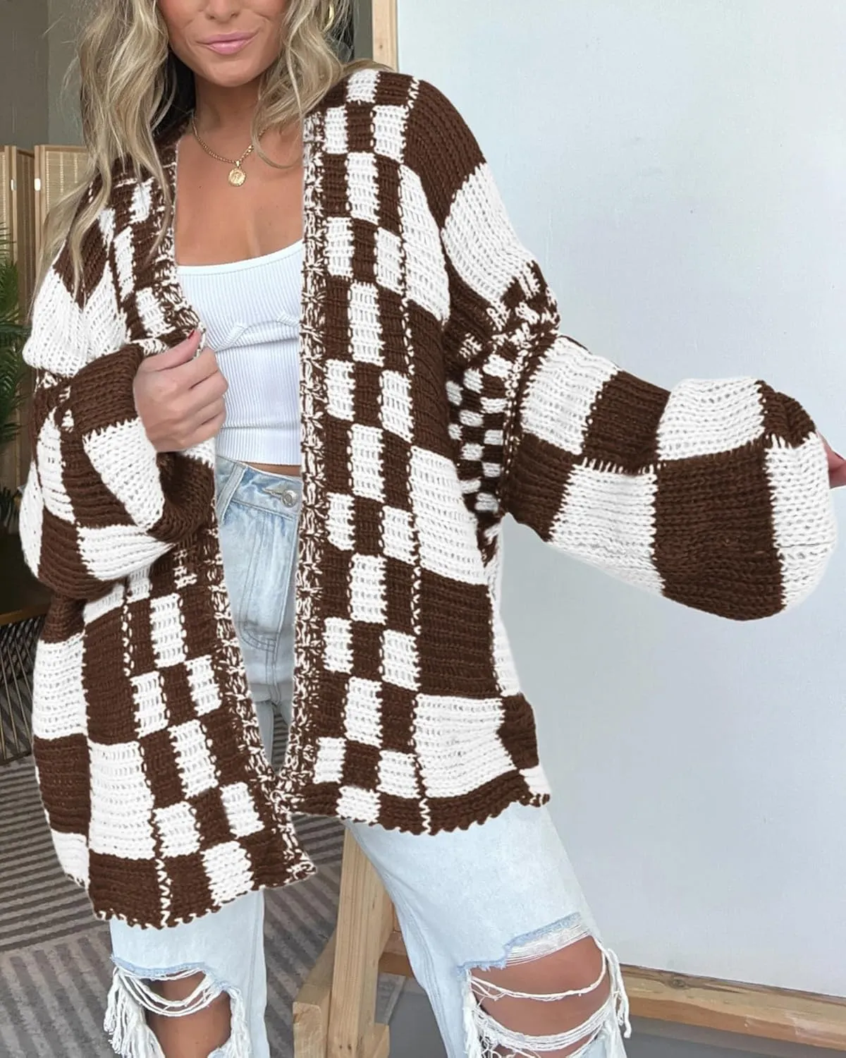 BTFBM Casual Womens Open Front Long Sleeve Chunky Knit Cardigan Sweater Checkered Knit Cardigan Sweaters Coat