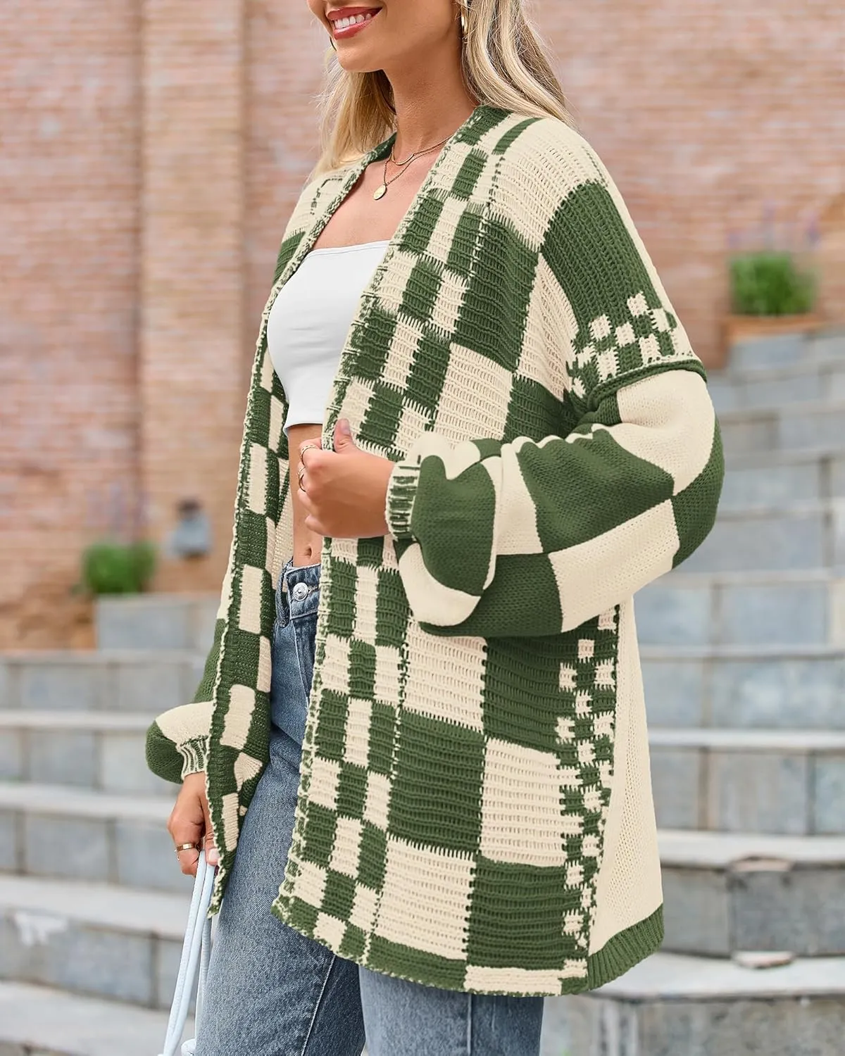 BTFBM Casual Womens Open Front Long Sleeve Chunky Knit Cardigan Sweater Checkered Knit Cardigan Sweaters Coat