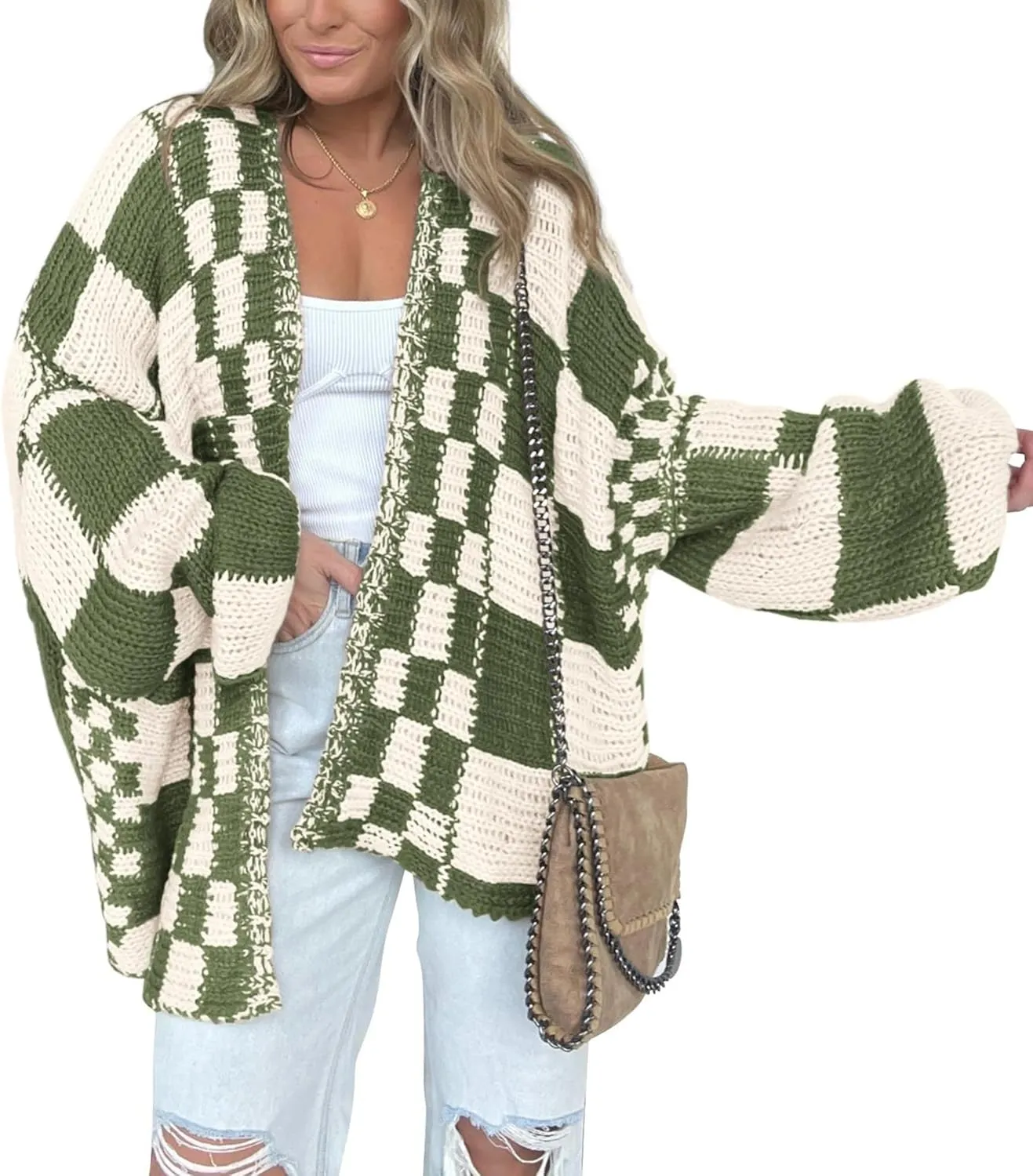 BTFBM Casual Womens Open Front Long Sleeve Chunky Knit Cardigan Sweater Checkered Knit Cardigan Sweaters Coat