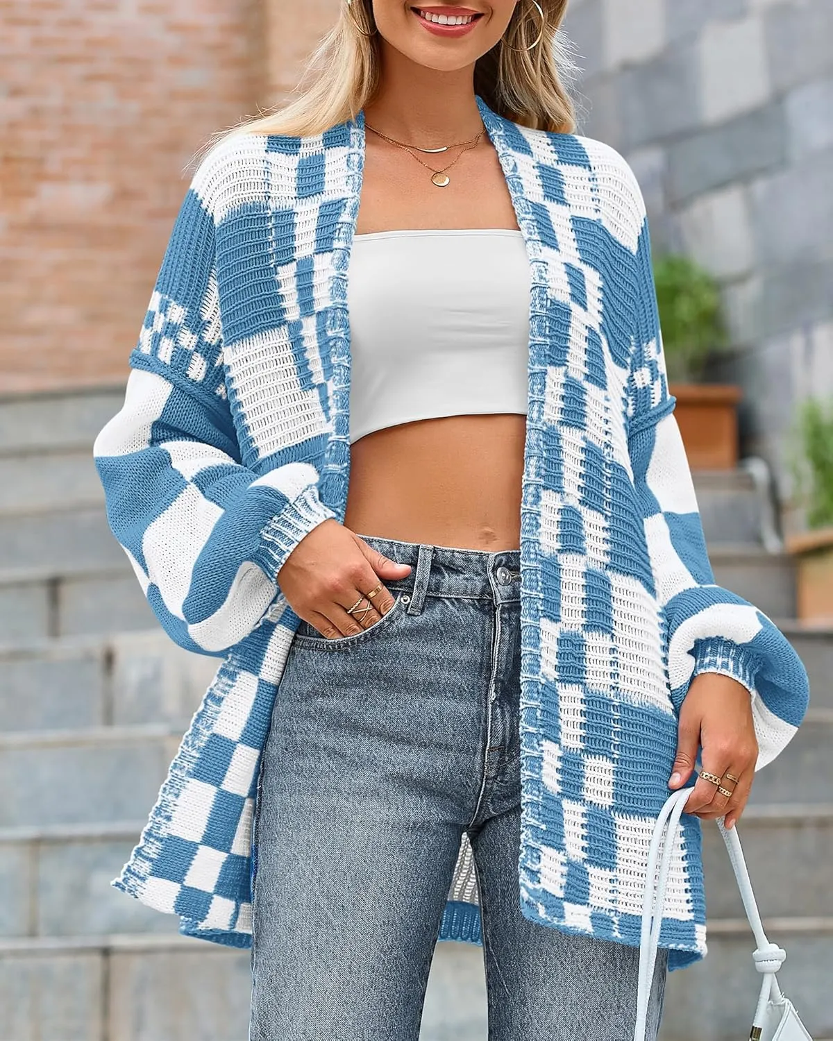 BTFBM Casual Womens Open Front Long Sleeve Chunky Knit Cardigan Sweater Checkered Knit Cardigan Sweaters Coat