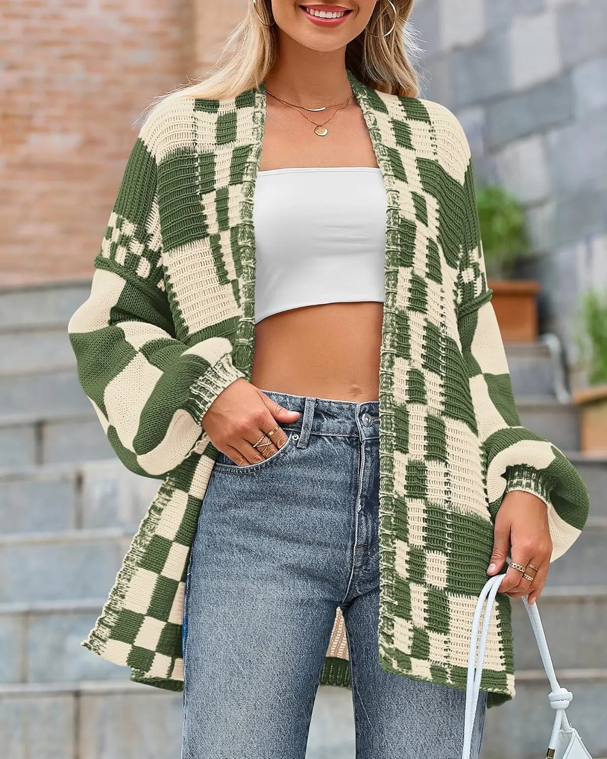 BTFBM Casual Womens Open Front Long Sleeve Chunky Knit Cardigan Sweater Checkered Knit Cardigan Sweaters Coat