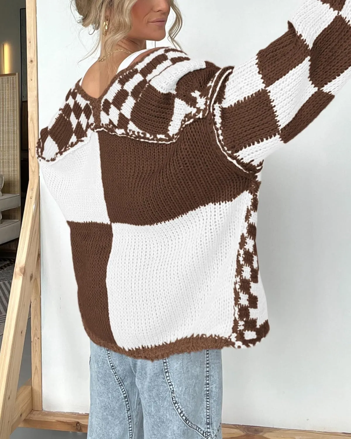 BTFBM Casual Womens Open Front Long Sleeve Chunky Knit Cardigan Sweater Checkered Knit Cardigan Sweaters Coat