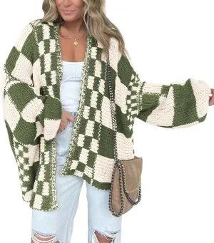 BTFBM Casual Womens Open Front Long Sleeve Chunky Knit Cardigan Sweater Checkered Knit Cardigan Sweaters Coat