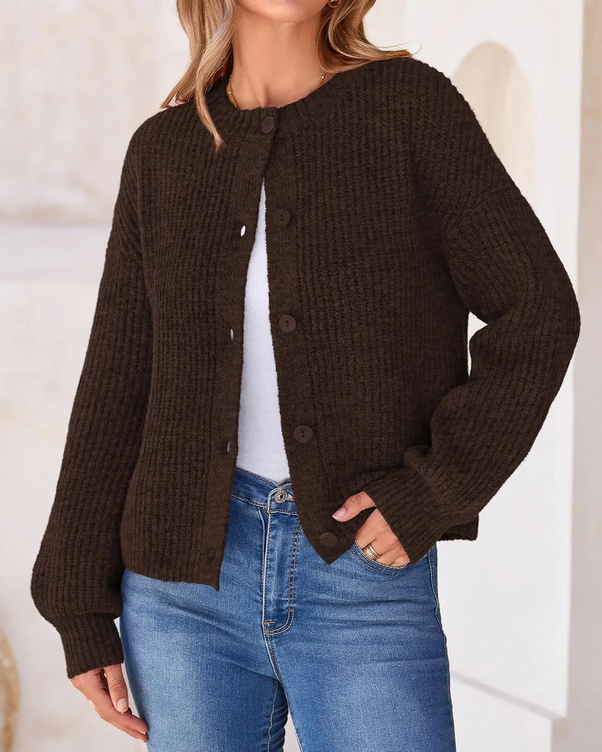 BTFBM Women's Chunky Knit Fall Cardigan 2025 Winter Long Sleeve Button Down Soft Loose Cropped Sweater Outerwear
