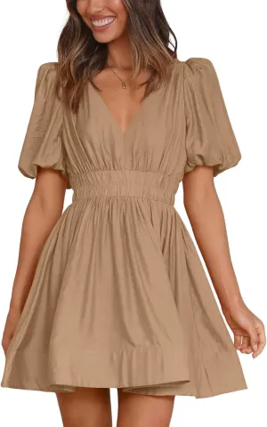 BWQ Women Mini Dress Short Puff Sleeve Sexy V Neck Dress A-line Elastic High Waisted Casual Flowy Summer Dresses