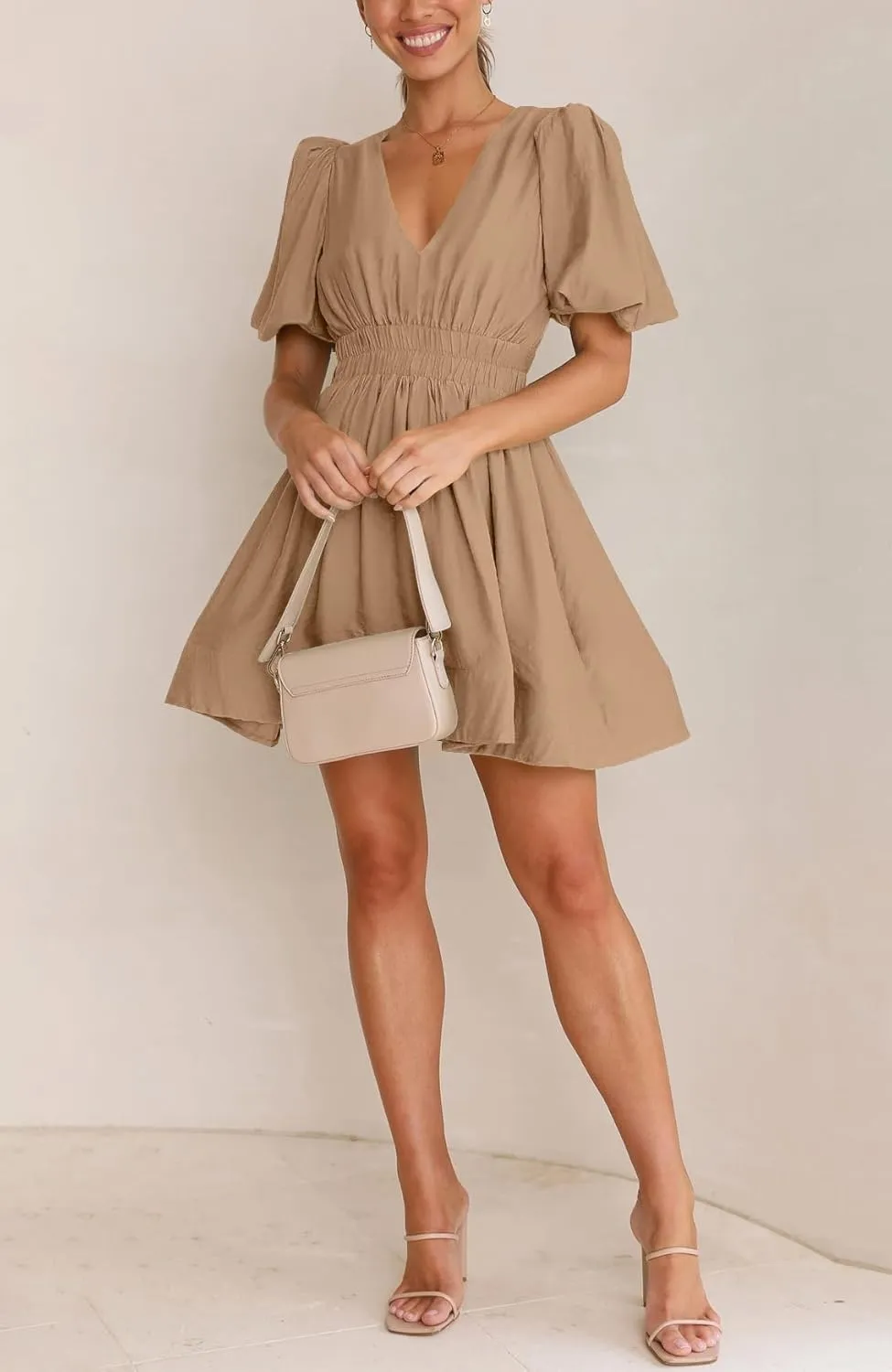 BWQ Women Mini Dress Short Puff Sleeve Sexy V Neck Dress A-line Elastic High Waisted Casual Flowy Summer Dresses