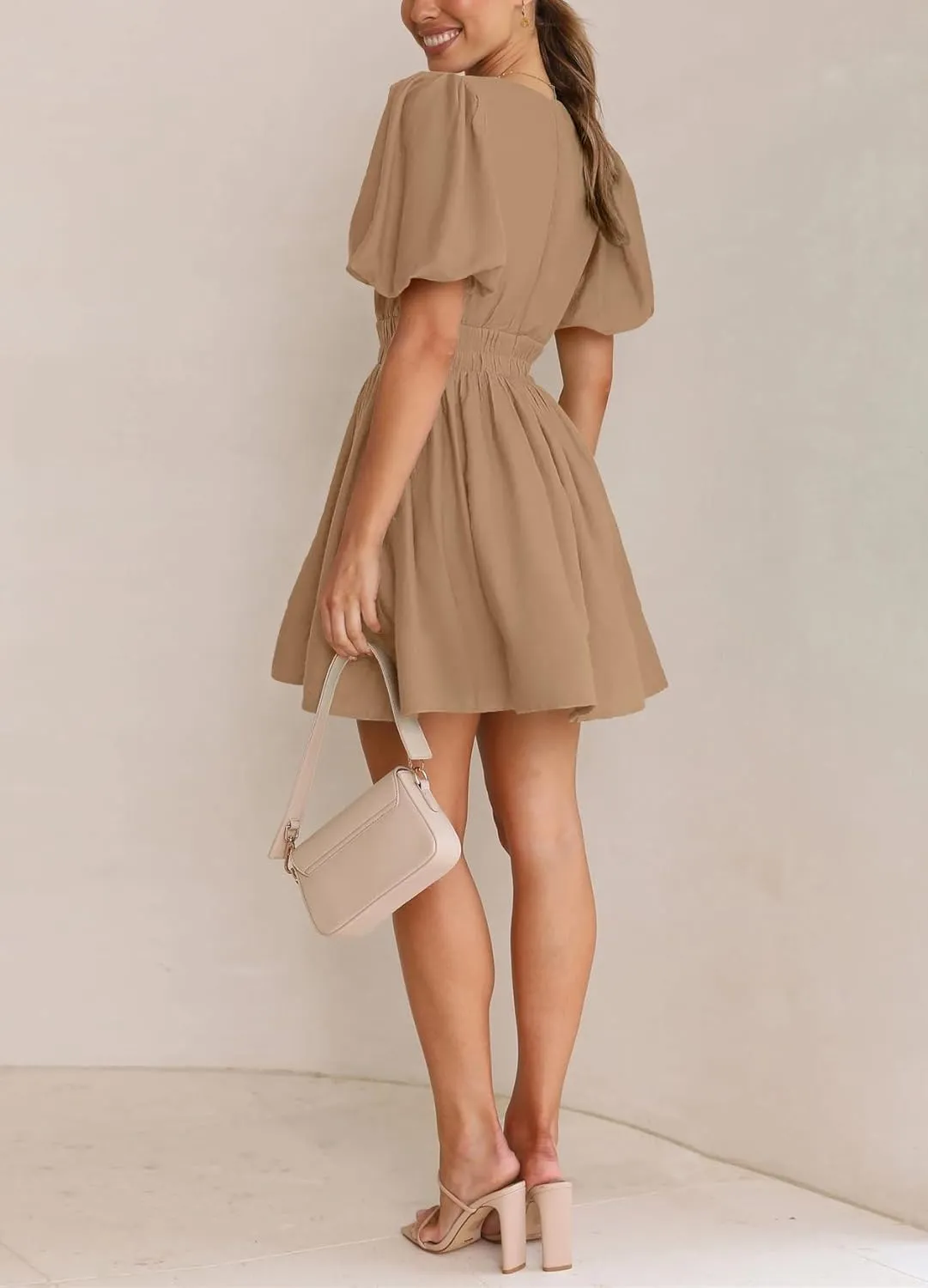 BWQ Women Mini Dress Short Puff Sleeve Sexy V Neck Dress A-line Elastic High Waisted Casual Flowy Summer Dresses