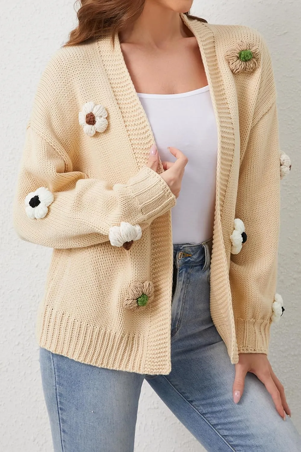 Cakulo Womens 2024 Cardigan Sweaters Fall Oversized Chunky 3D Flower Open Front Knit Cardigans Trendy