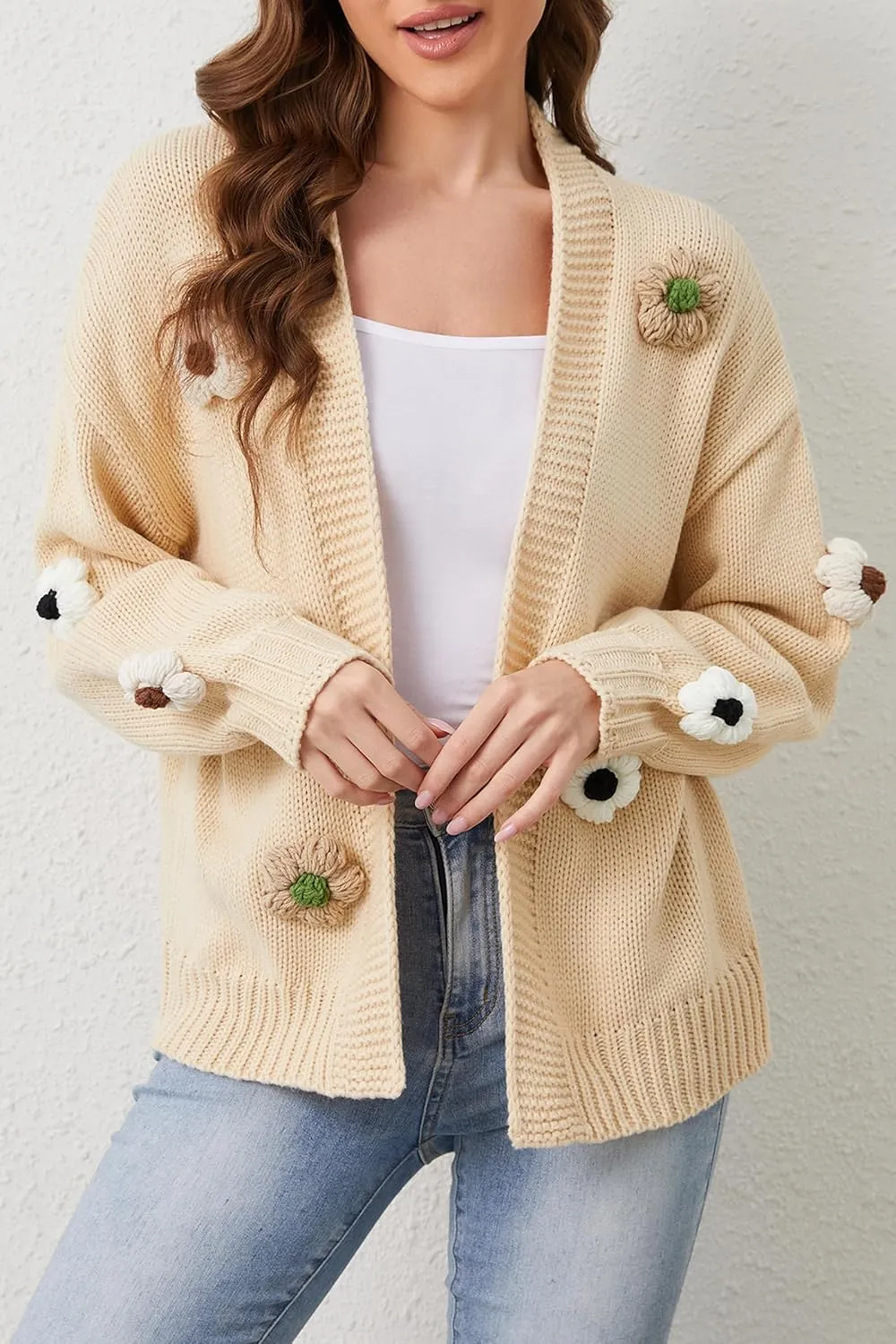 Cakulo Womens 2024 Cardigan Sweaters Fall Oversized Chunky 3D Flower Open Front Knit Cardigans Trendy