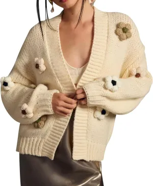 Cakulo Womens 2024 Cardigan Sweaters Fall Oversized Chunky 3D Flower Open Front Knit Cardigans Trendy