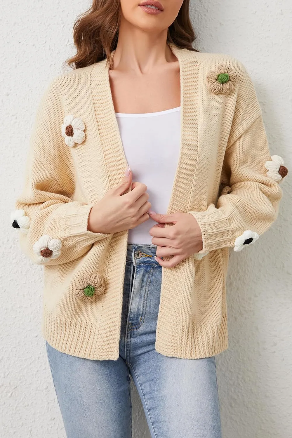 Cakulo Womens 2024 Cardigan Sweaters Fall Oversized Chunky 3D Flower Open Front Knit Cardigans Trendy