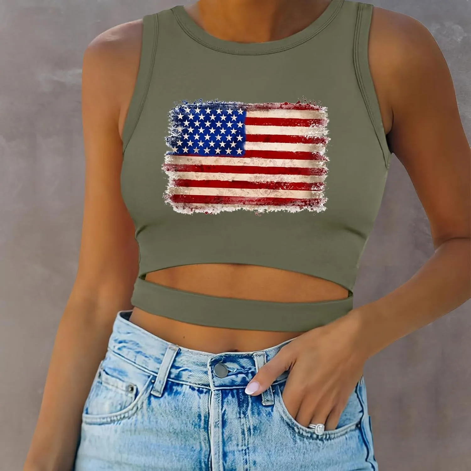 Camisole Tops for Women 2025 Up to Date Independence Days for Women Tank Tops High Neck Sexy Sleeveless Cutout Racer Back