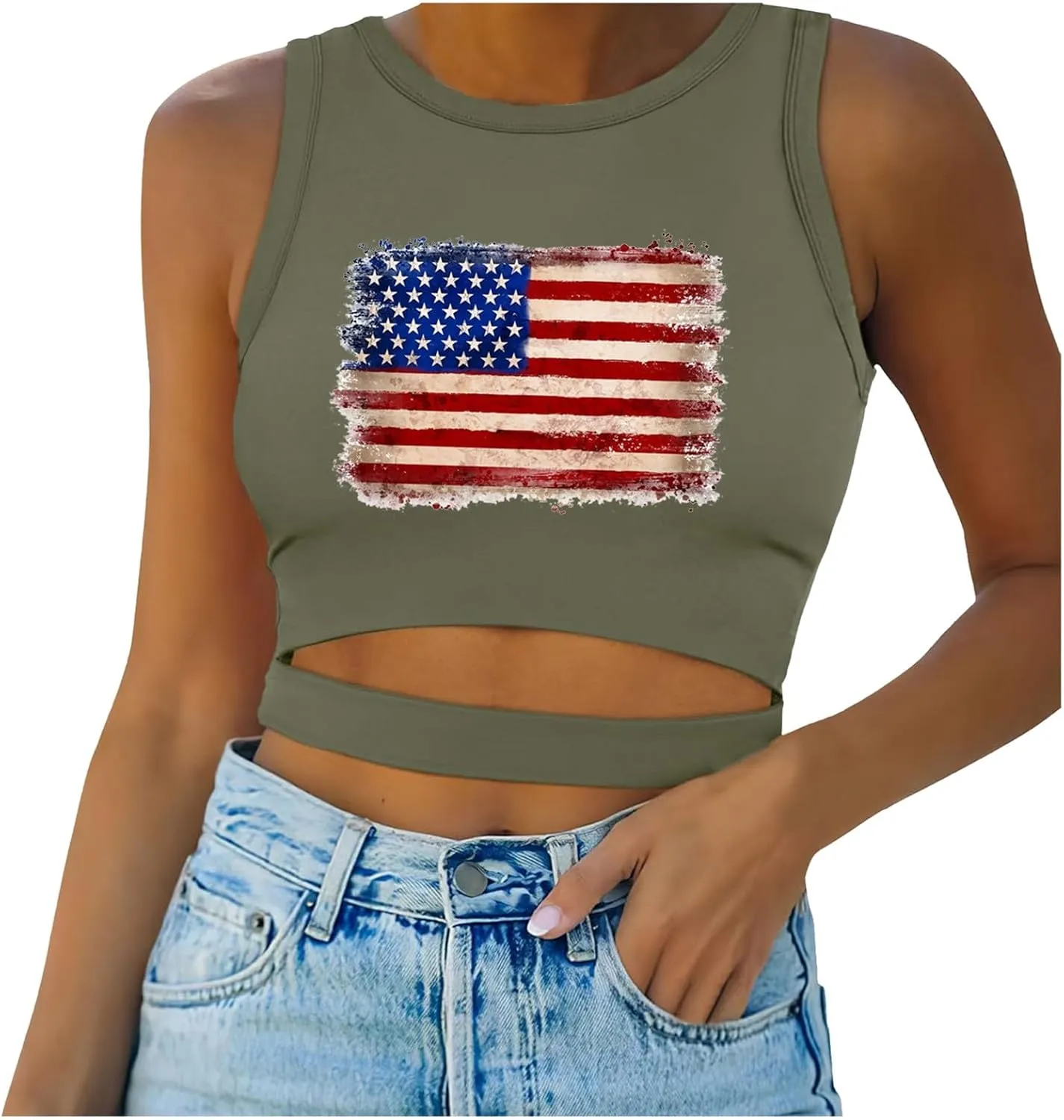 Camisole Tops for Women 2025 Up to Date Independence Days for Women Tank Tops High Neck Sexy Sleeveless Cutout Racer Back
