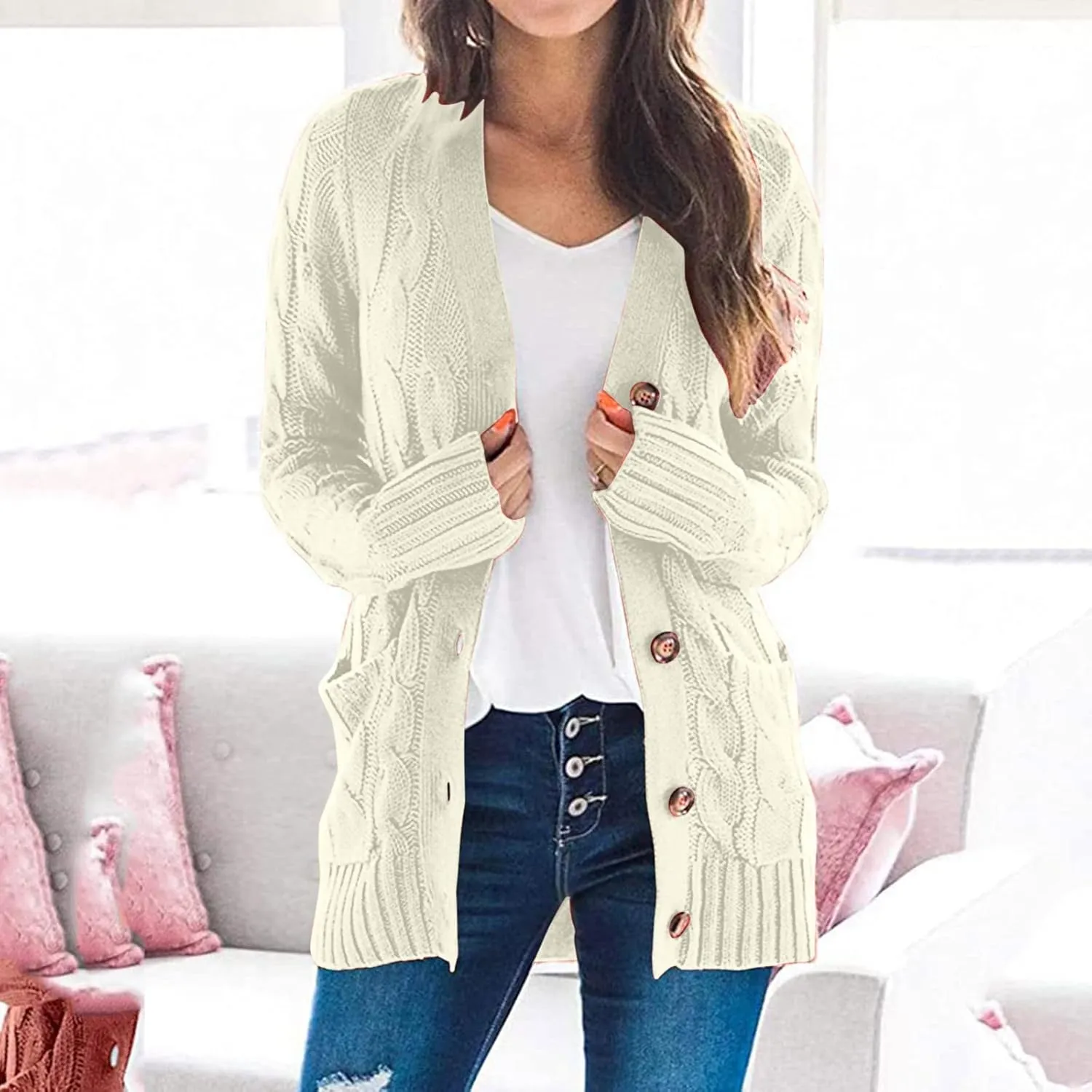Cardigan Sweater for Women Open Front Button Sweaters with Pockets Long Sleeve Button Down Cardigans Sweaters