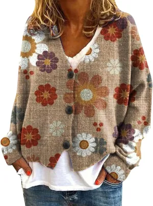 Cardigan Sweaters for Women Fall Casual Floral Printed Long Sleeve Button V-Neck Open Front Lightweight Loose Outwear