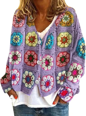 Cardigan Sweaters for Women Fall Casual Floral Printed Long Sleeve Button V-Neck Open Front Lightweight Loose Outwear