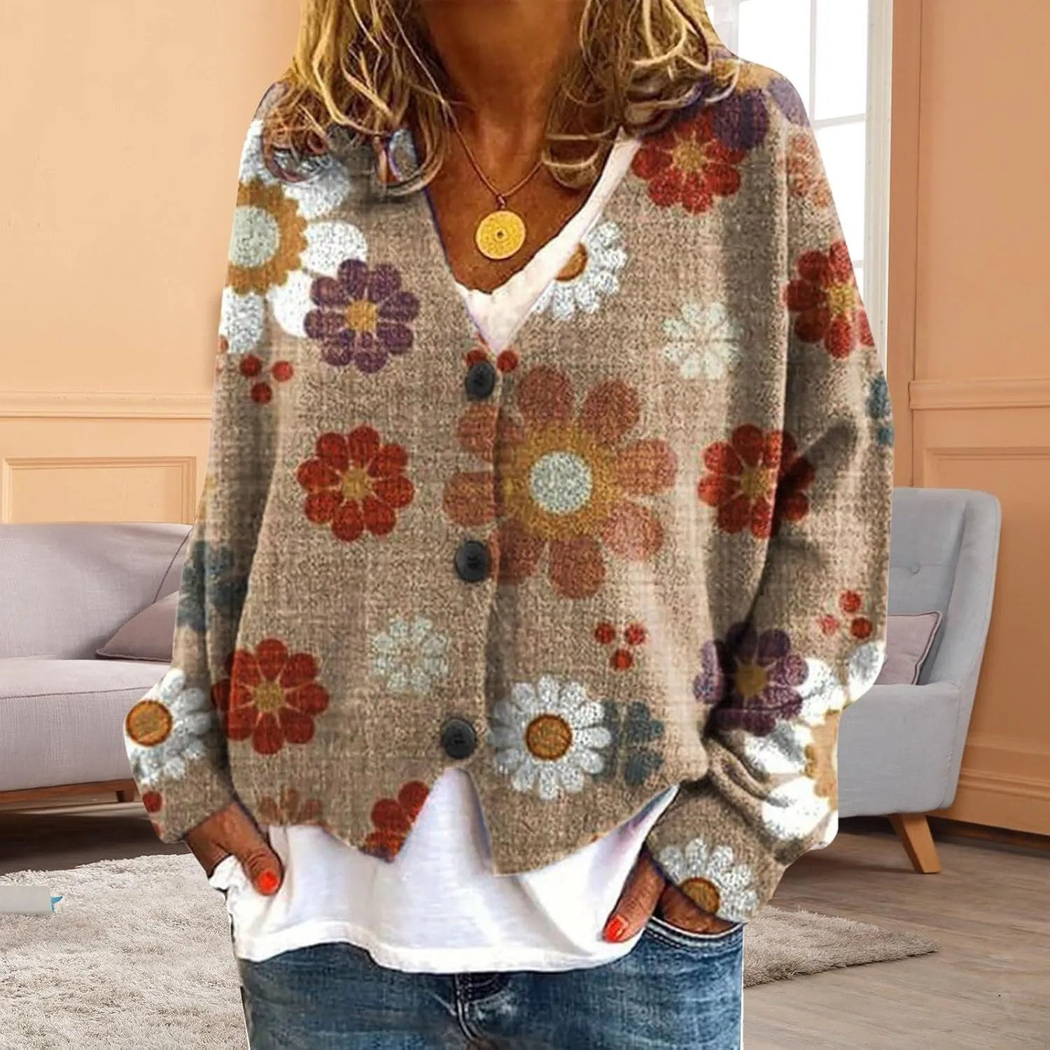 Cardigan Sweaters for Women Fall Casual Floral Printed Long Sleeve Button V-Neck Open Front Lightweight Loose Outwear