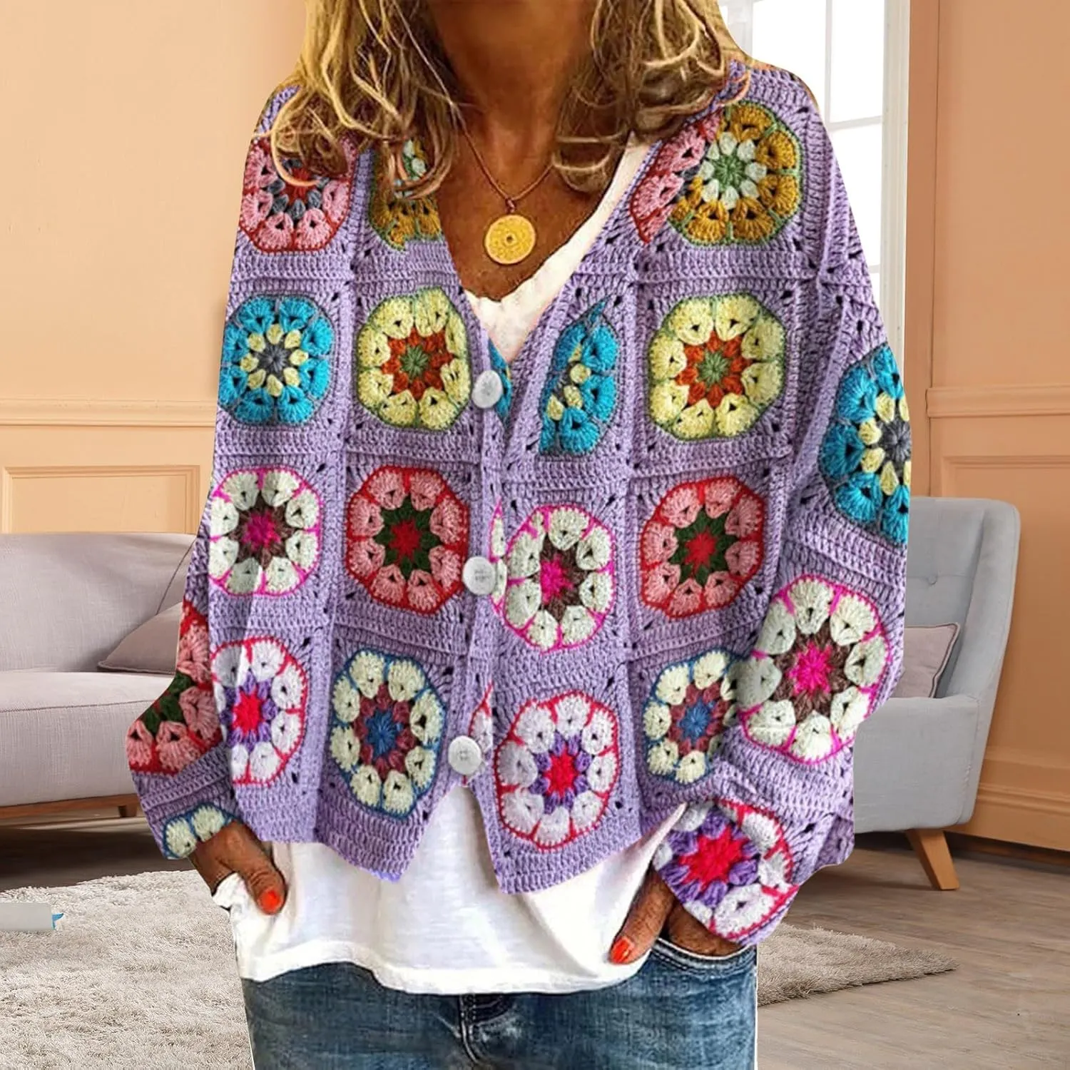 Cardigan Sweaters for Women Fall Casual Floral Printed Long Sleeve Button V-Neck Open Front Lightweight Loose Outwear