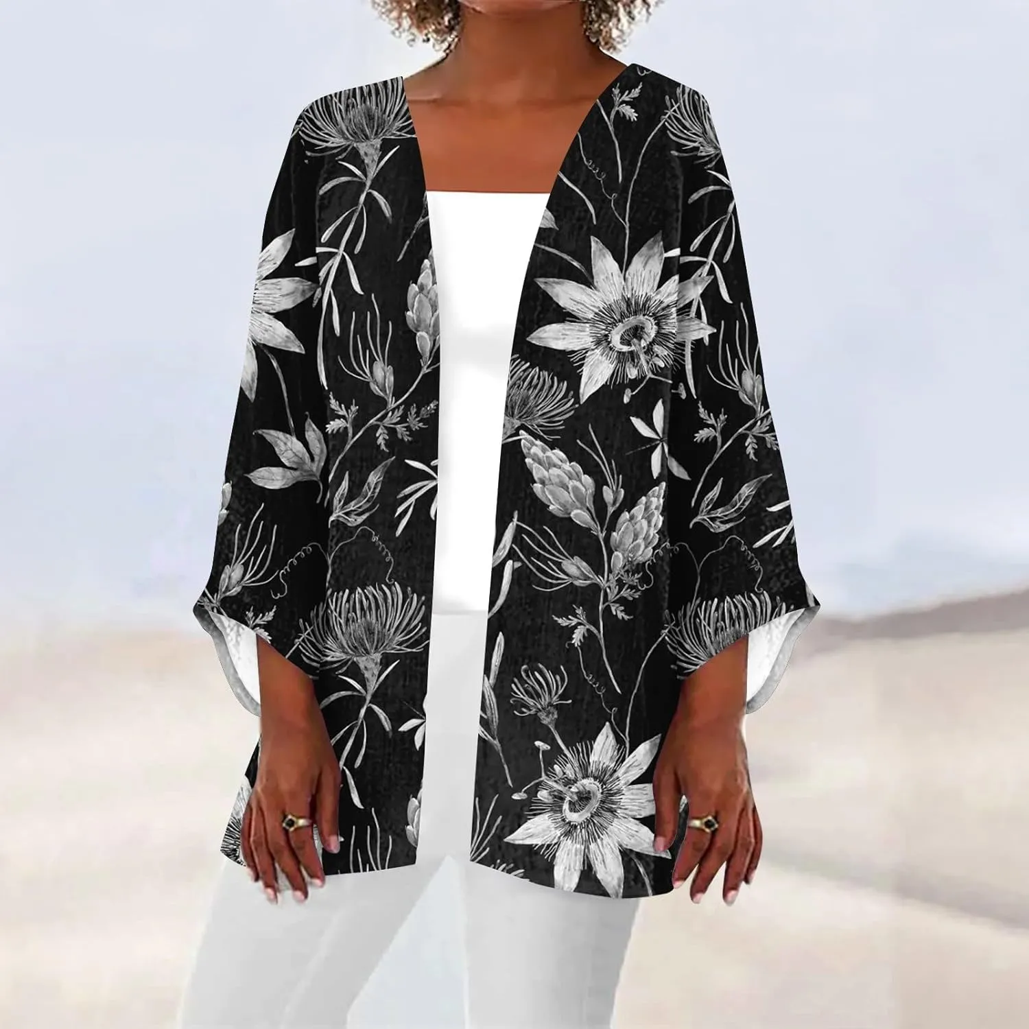 Cardigans for Women Floral Printed Dressy Casual Lightweight Cardigan 3/4 Sleeve Summer Plus Size Tops