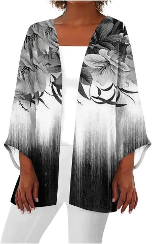 Cardigans for Women Floral Printed Dressy Casual Lightweight Cardigan 3/4 Sleeve Summer Plus Size Tops